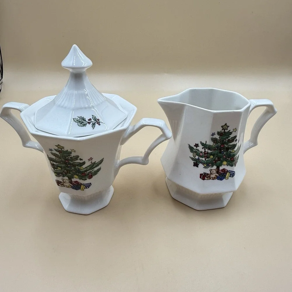 Nikko Christmastime Creamer and Sugar Bowl Set Octagon Christmas Tree Vintage
